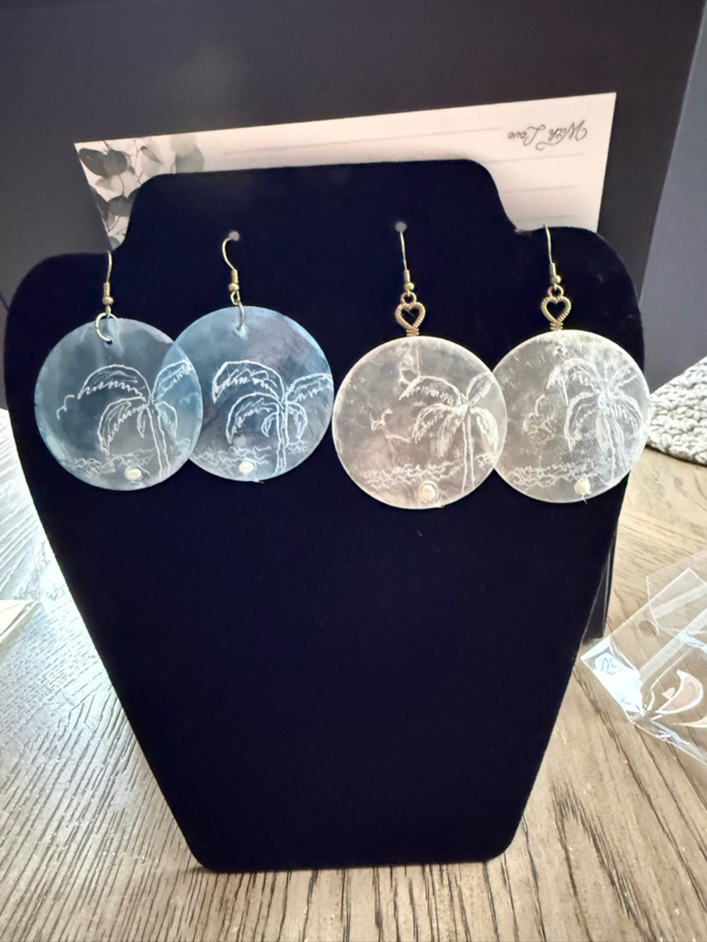 Handcrafted capiz shell engraved Beach Scene hypoallergenic Earrings 2 pair